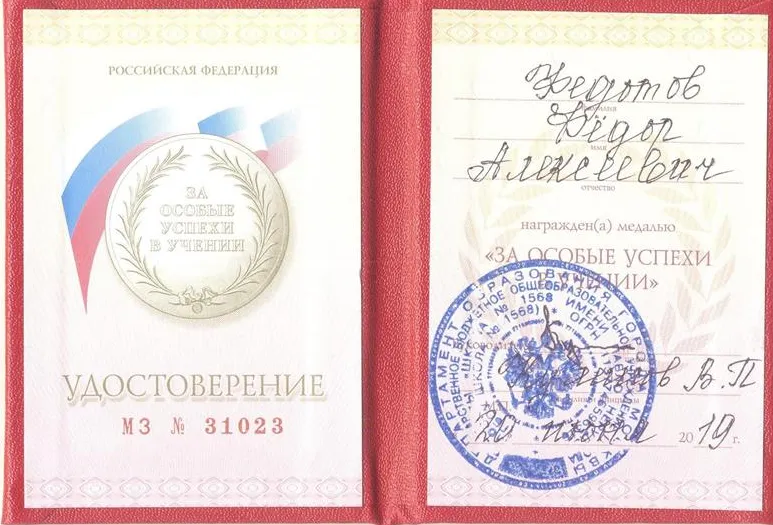 Медаль РФ «За особые успехи в обучении»