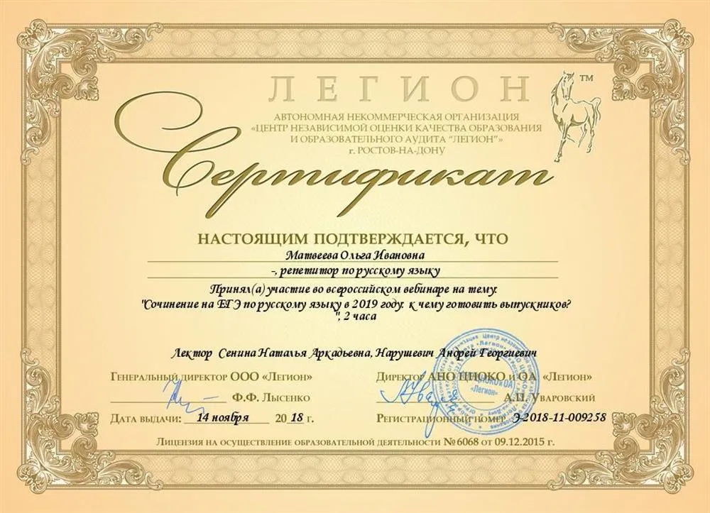 Сертификат. Вебинар Сениной и Нарушевича Сочинение на ЕГЭ 2019