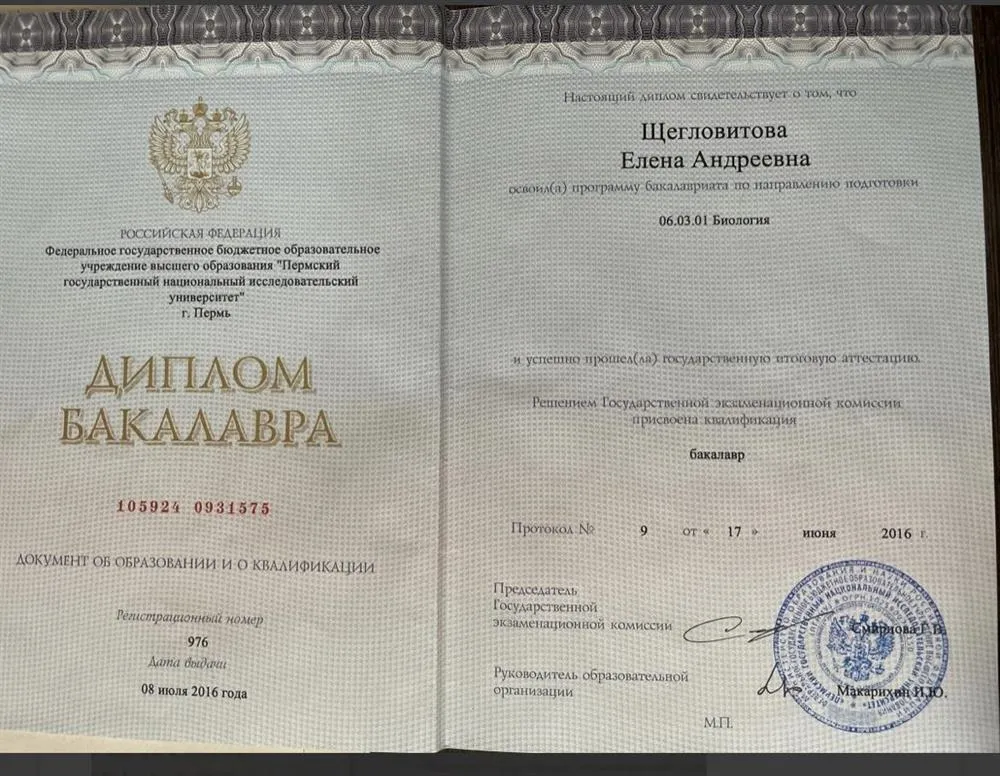 Диплом степени Бакалавр, Биология, ПГНИУ
