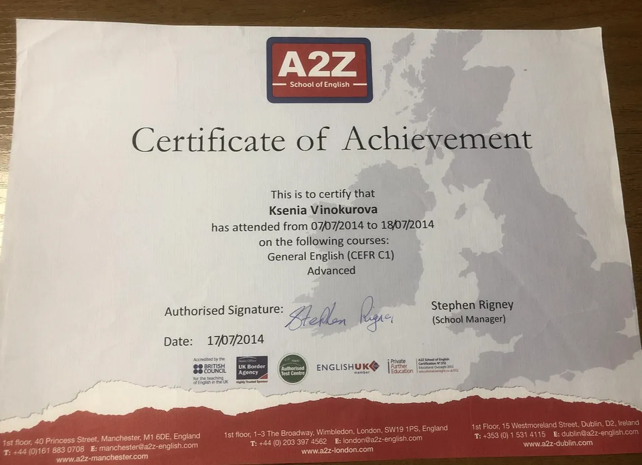Certificate of Achievement C1 