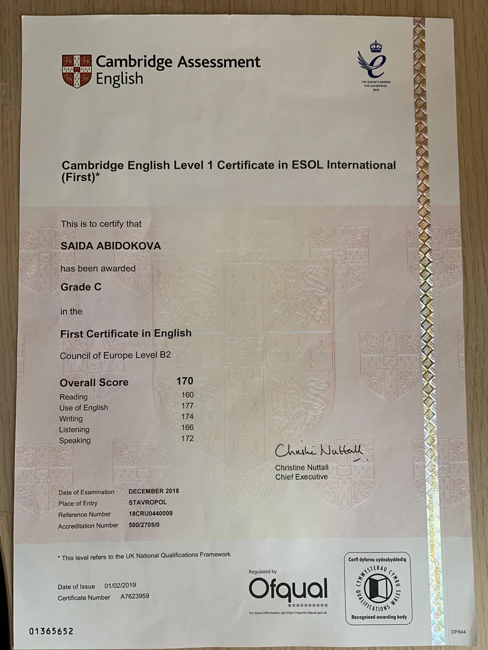 Cambridge English Level 1 Certificate in ESOL International (First)