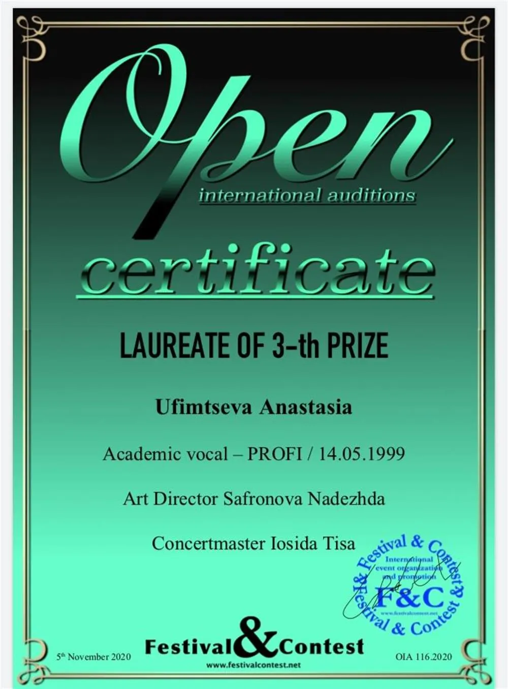 Диплом Лауреата III степени (Италия) Festival&Contest «Open international auditions», 5 ноября 2020 г. 