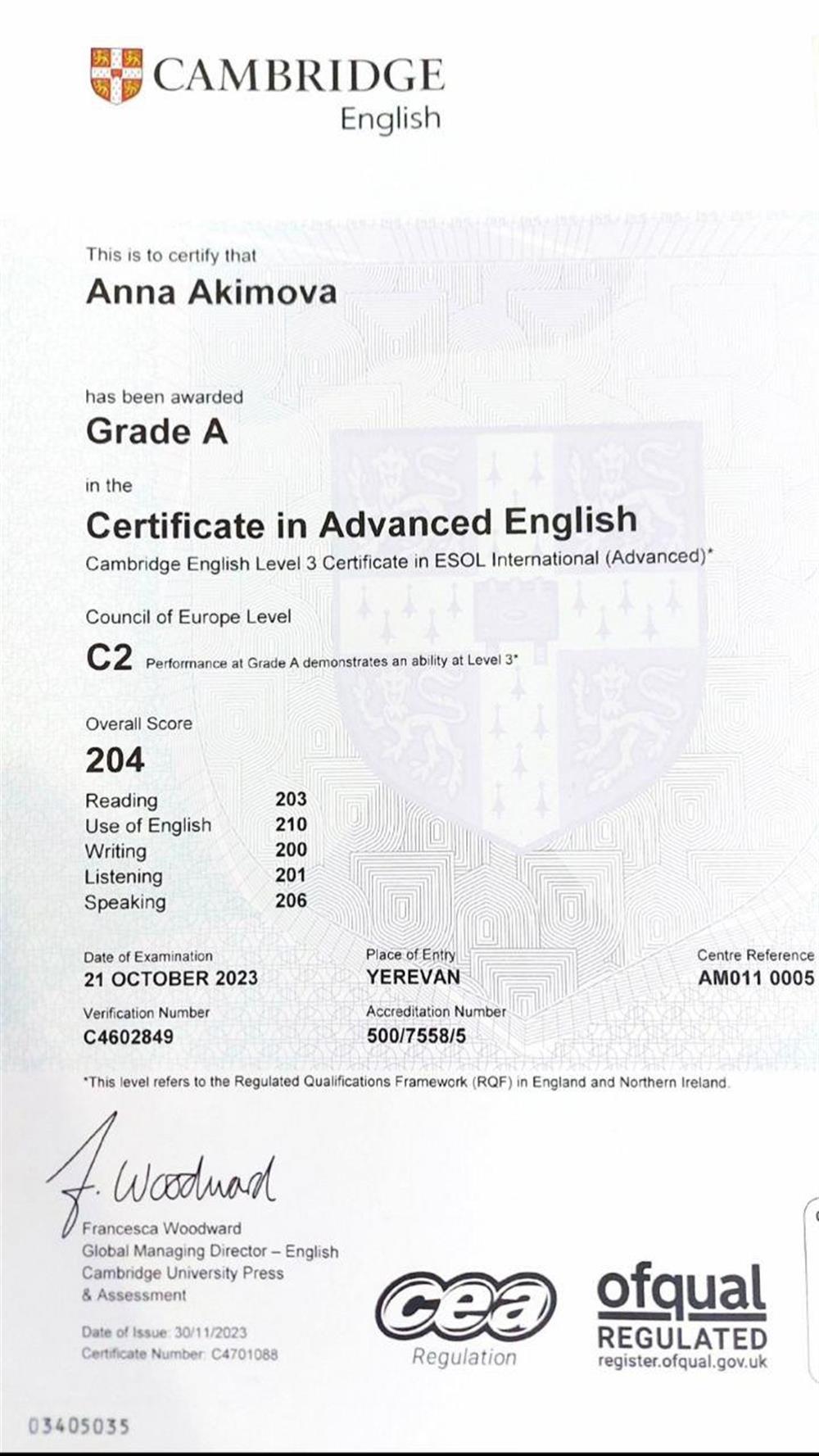 Certificate in Advanced English