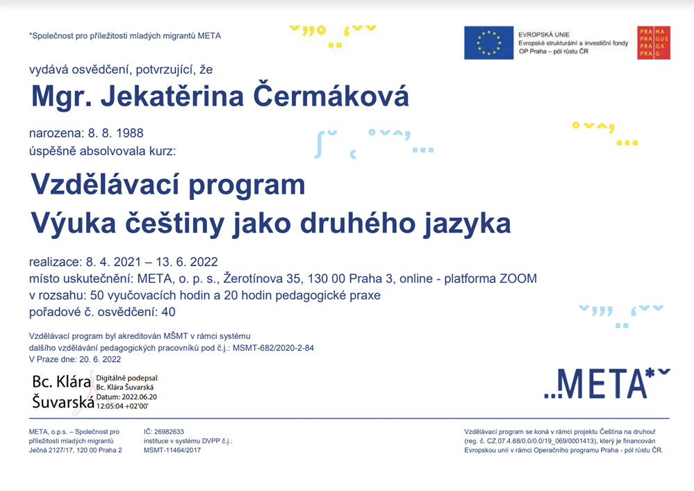 Сертификат преподавателя чешского языка для иностранцев 