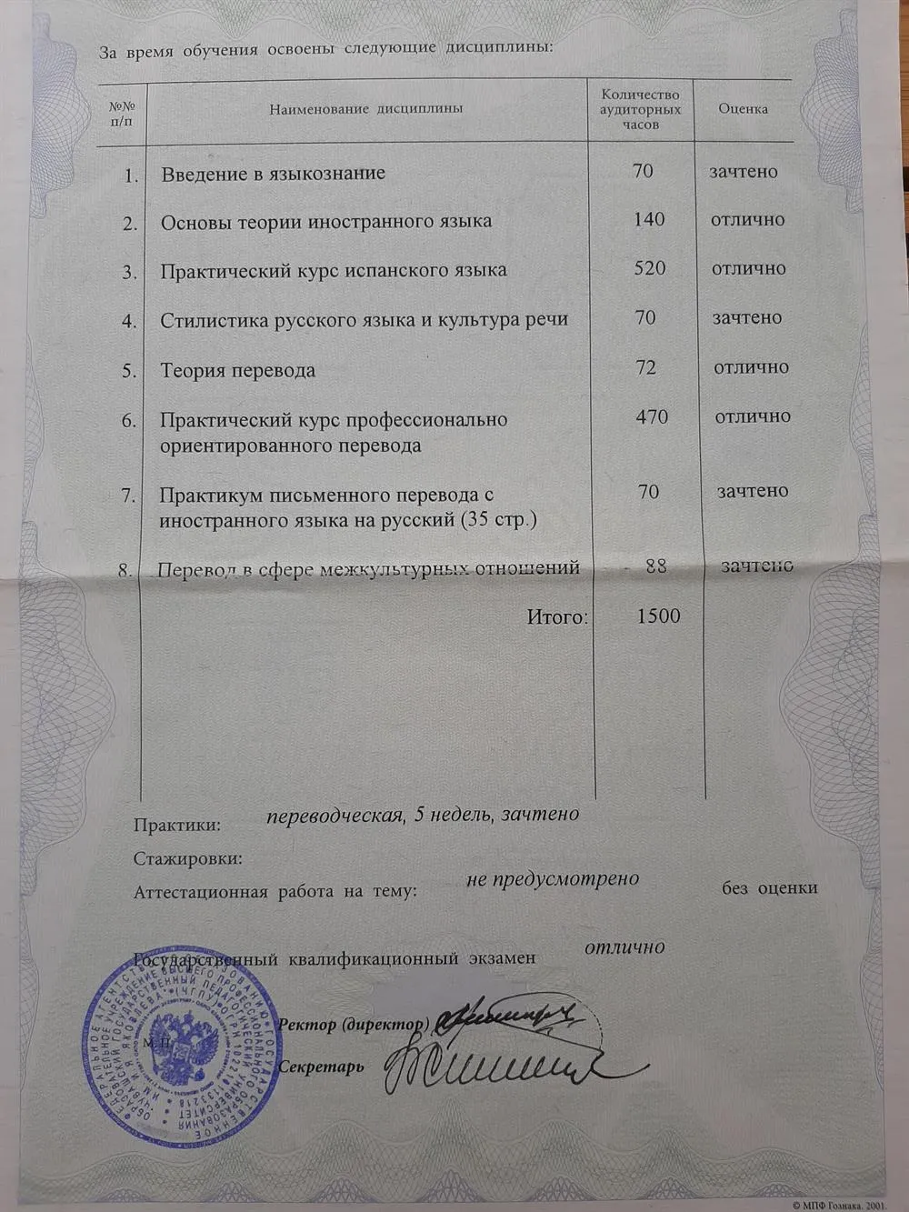 Приложение к диплому о дополнительном (к высшему) образовании 