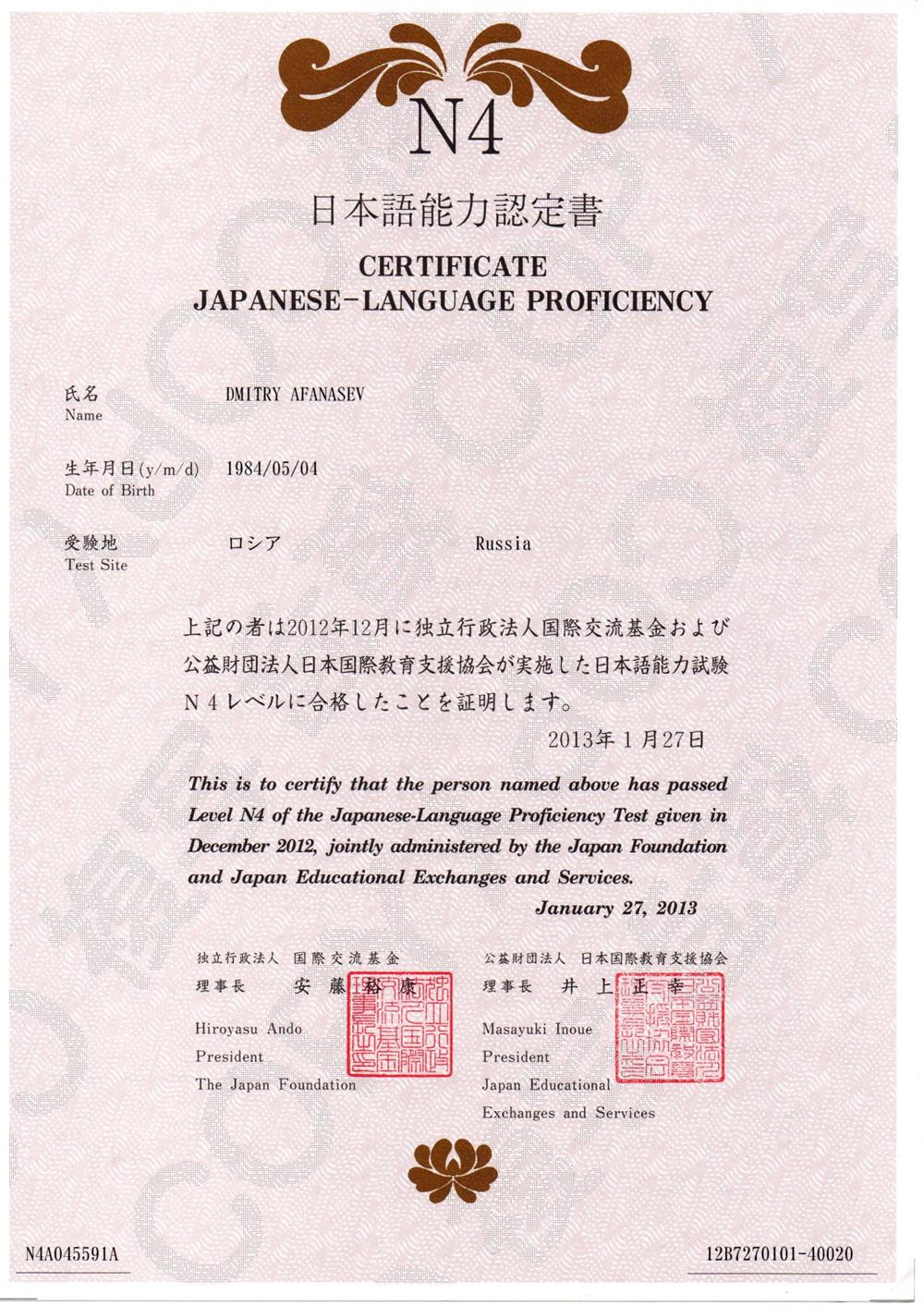 Сертификат JLPT N4