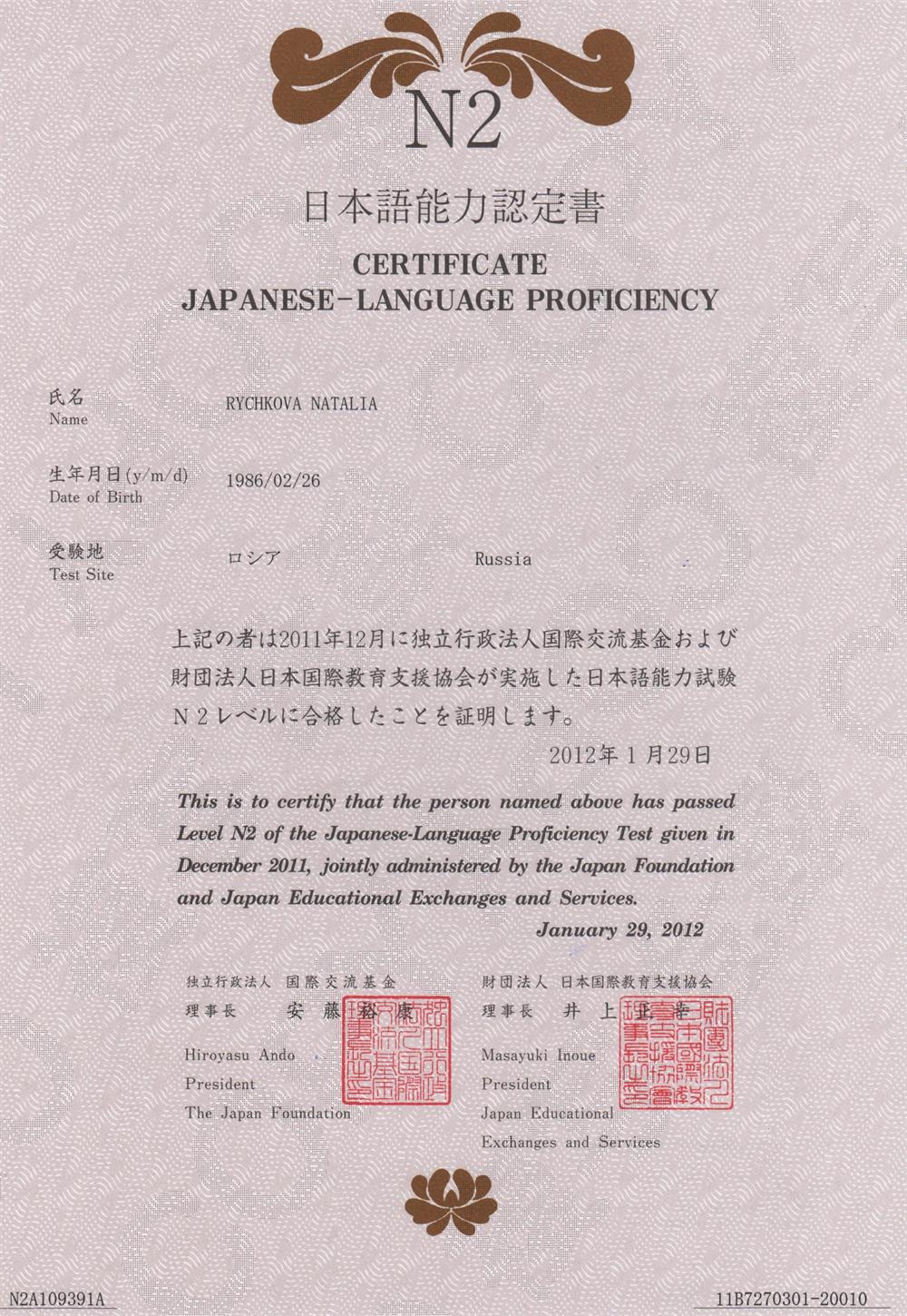 Сертификат JLPT N2