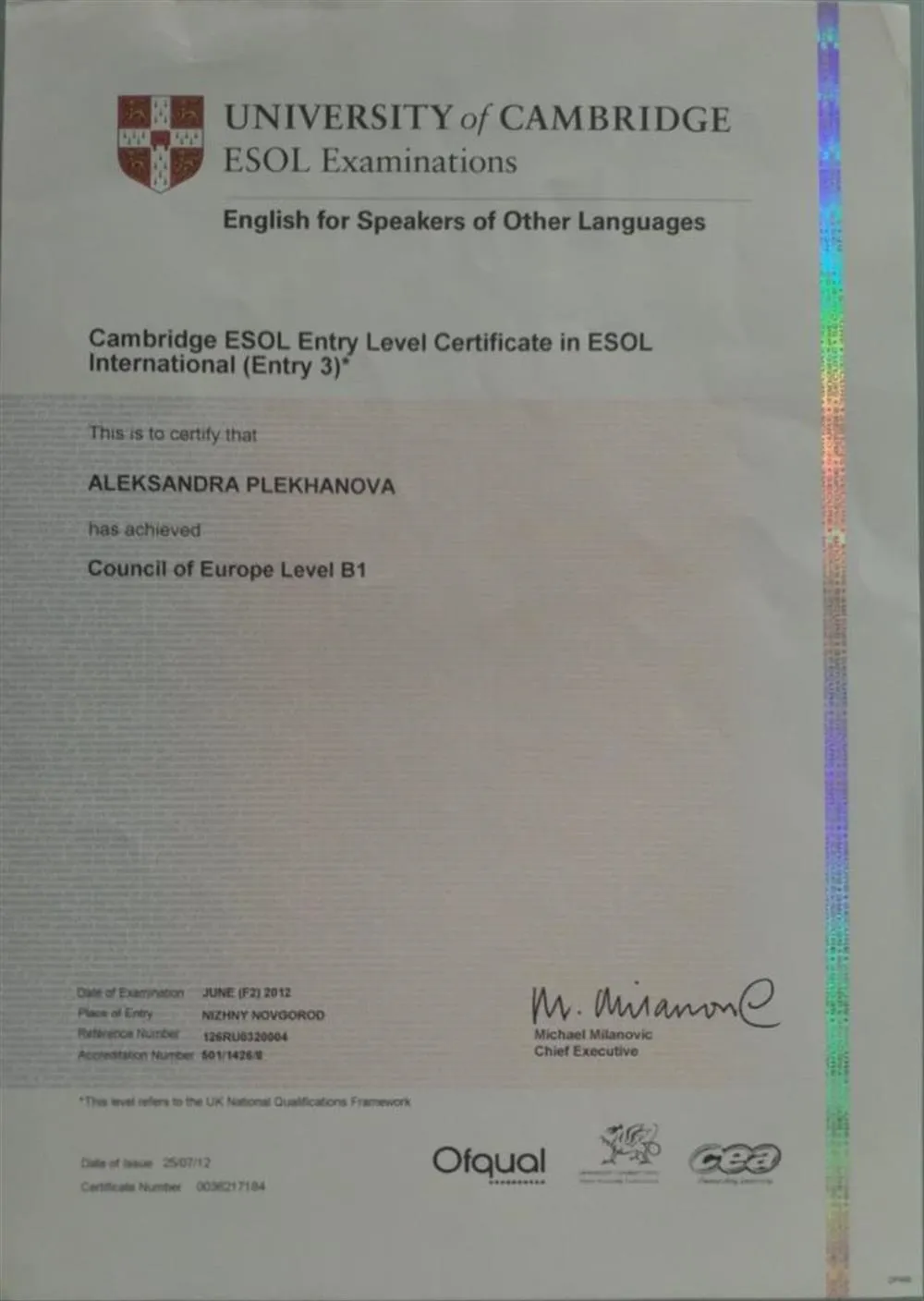 Cambridge certificate