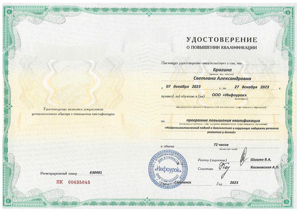 Удостоверение. Нейропсихологический подход к диагностике и коррекции задержки речевого развития у детей