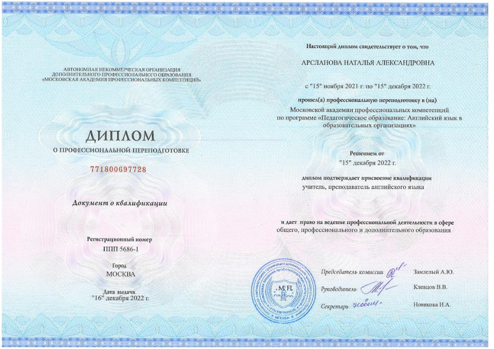Диплом о профессиональной переподготовке.