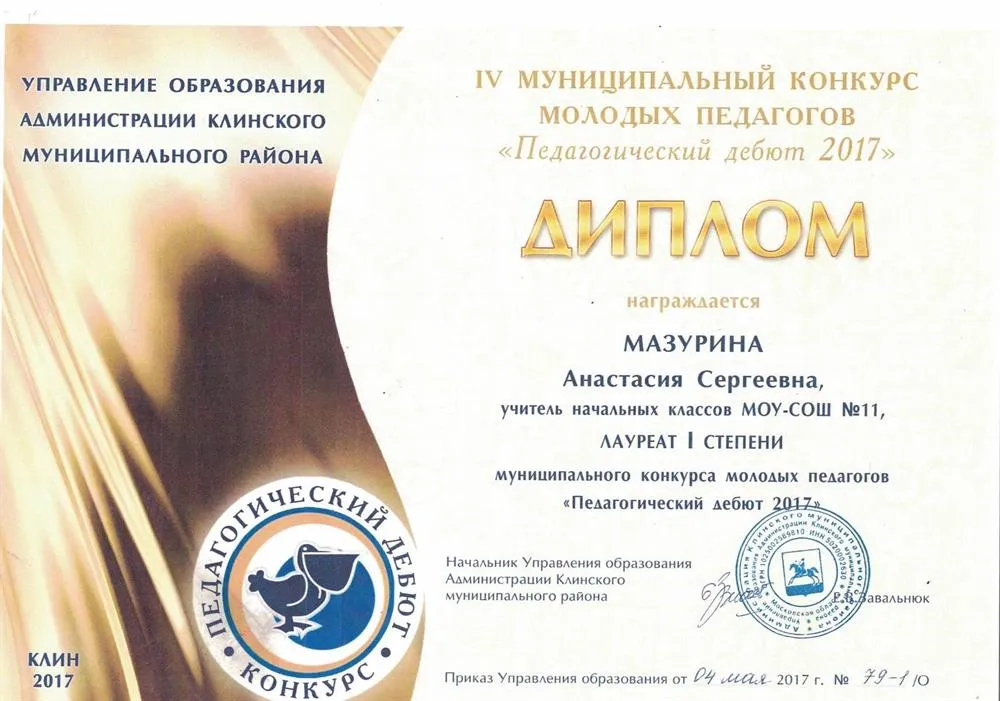 Лауреат 1 степени муниципального конкурса «Педагогический дебют», 2017 год.