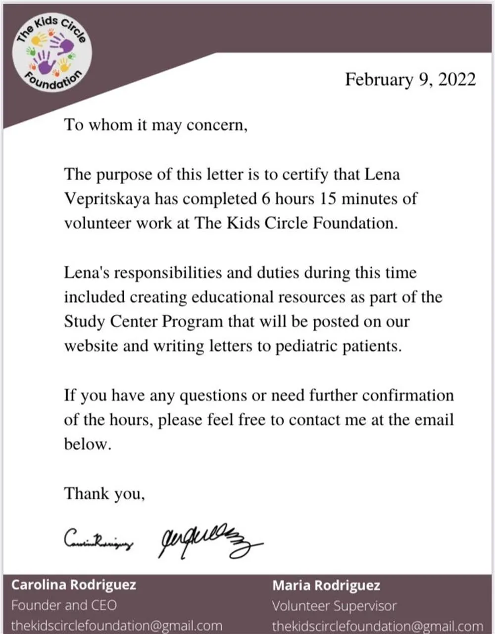 Confirmation Letter, The Kids Circle Foundation, 6 hours 5 min of volunteer work