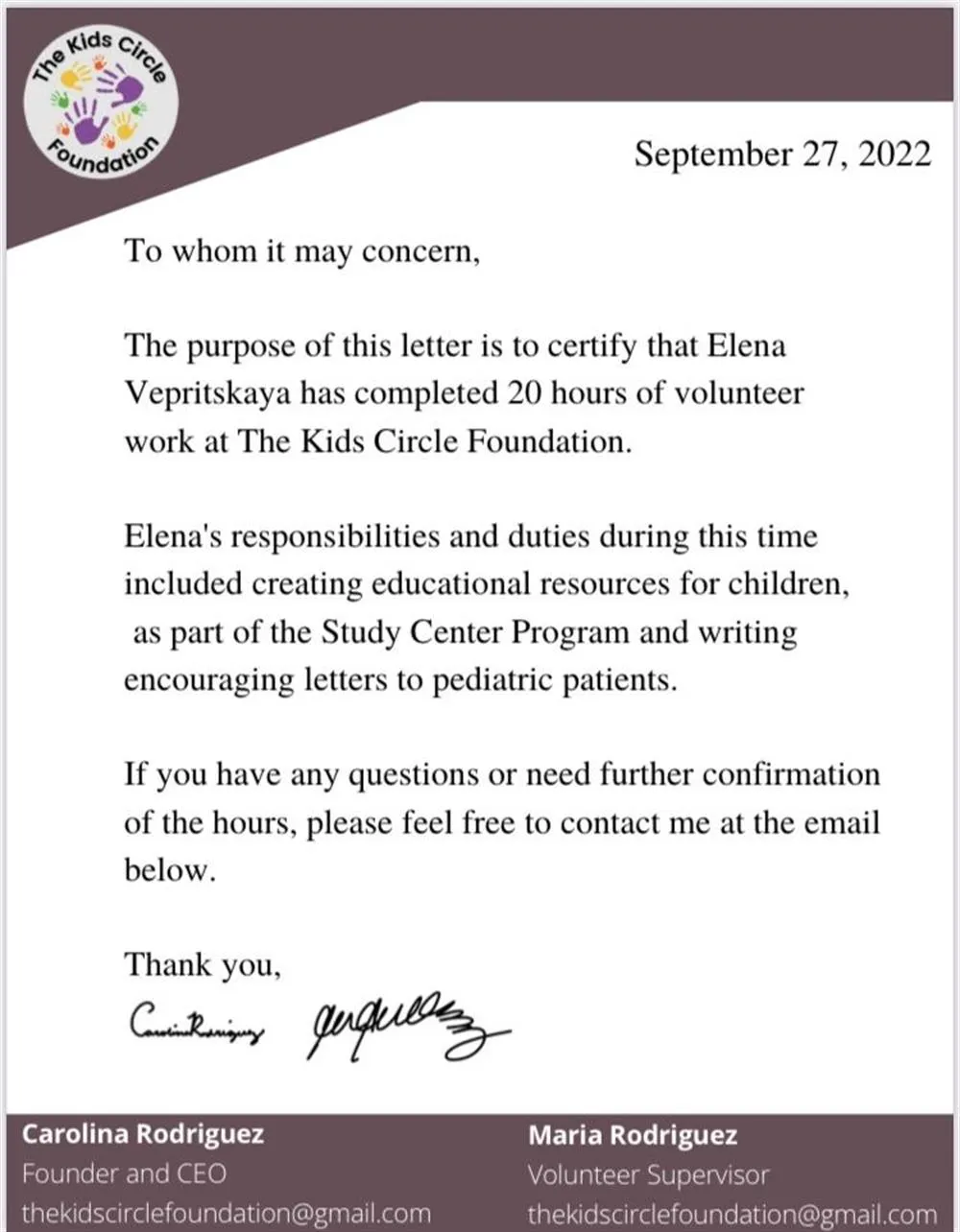 Confirmation Letter, The Kids Circle Foundation, 20 hours of volunteer work