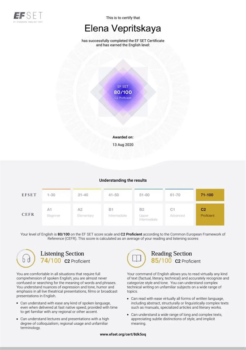 EF SET Certificate - the level of the English language (C2)