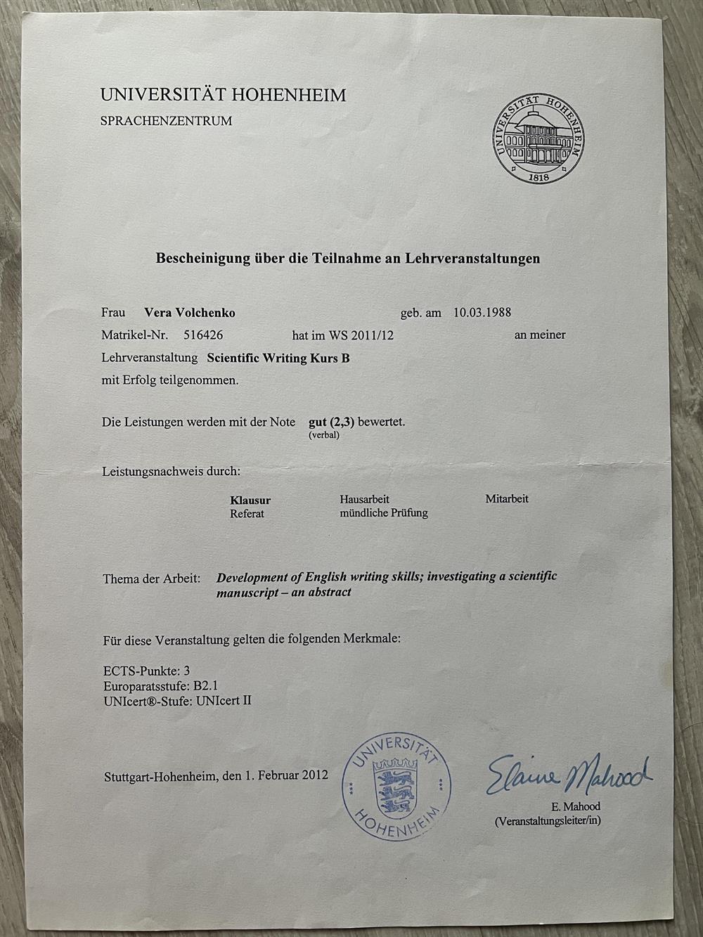Сертификат о прохождении курса Scientific writing