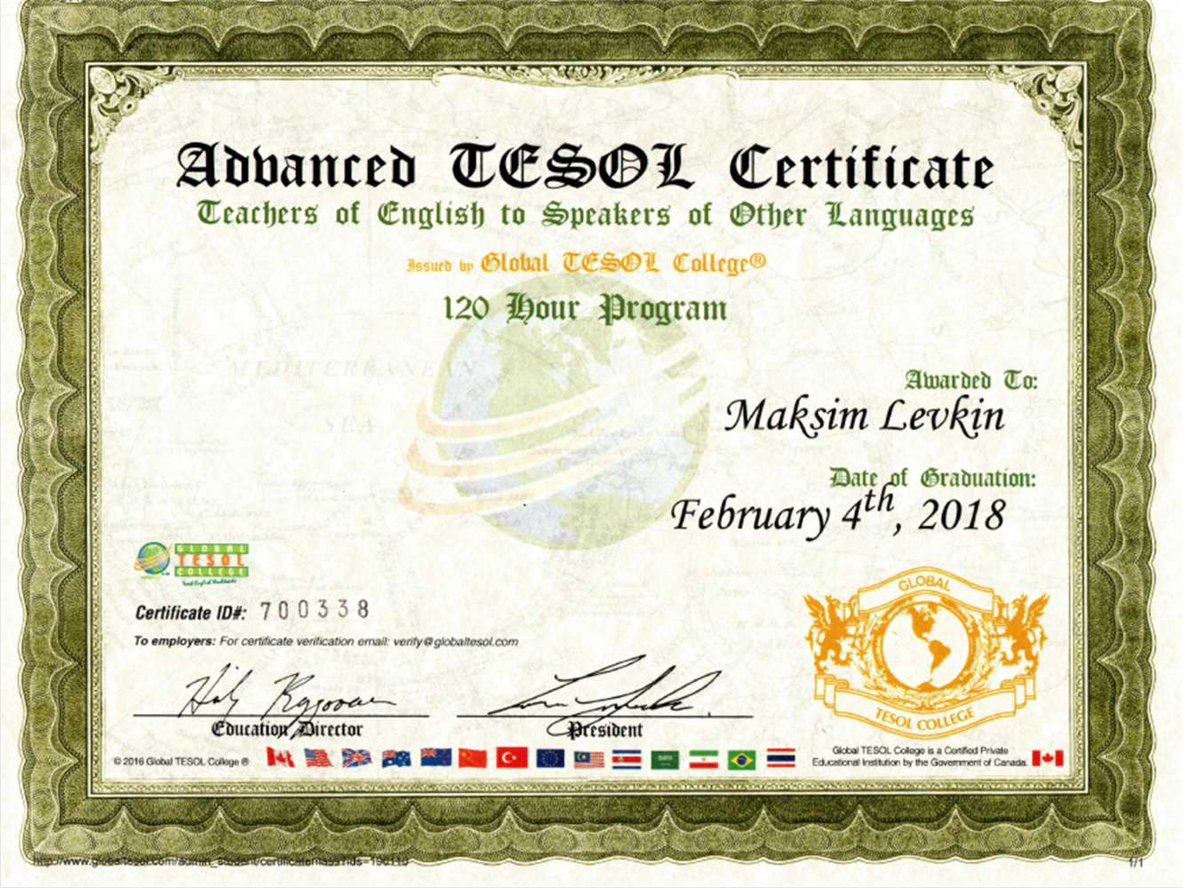 Сертификат. TESOL 120 Hour Course
