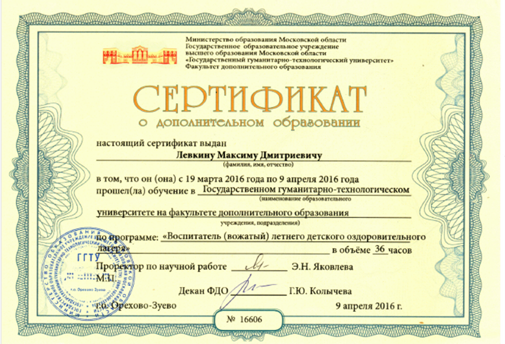 Сертификат. ГГТУ Дополнительное образование - вожатый
