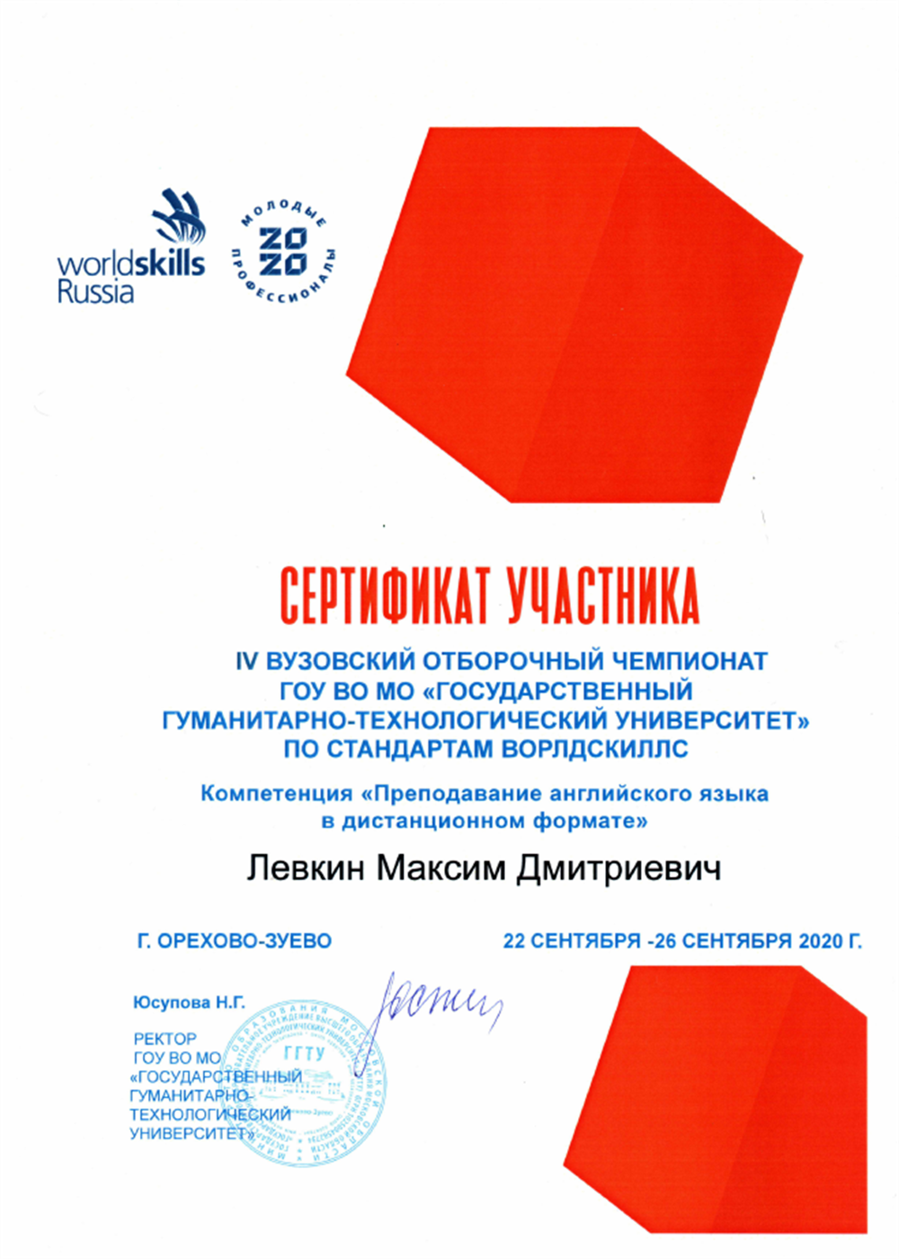 Сертификат. World Skills Сертификат участника