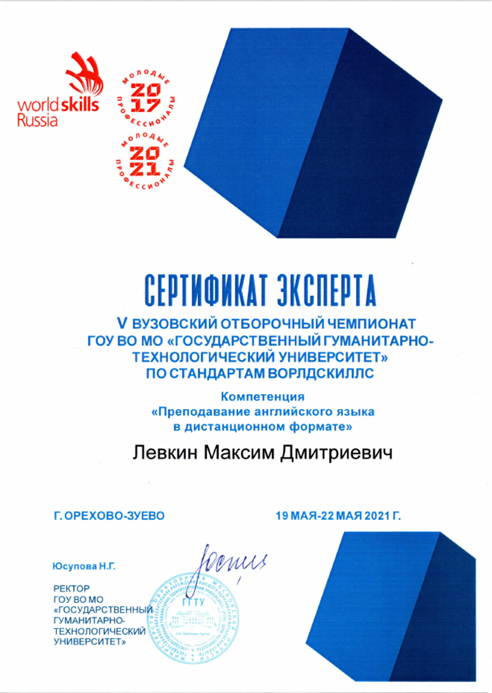 Сертификат. World Skills Диплом эксперта