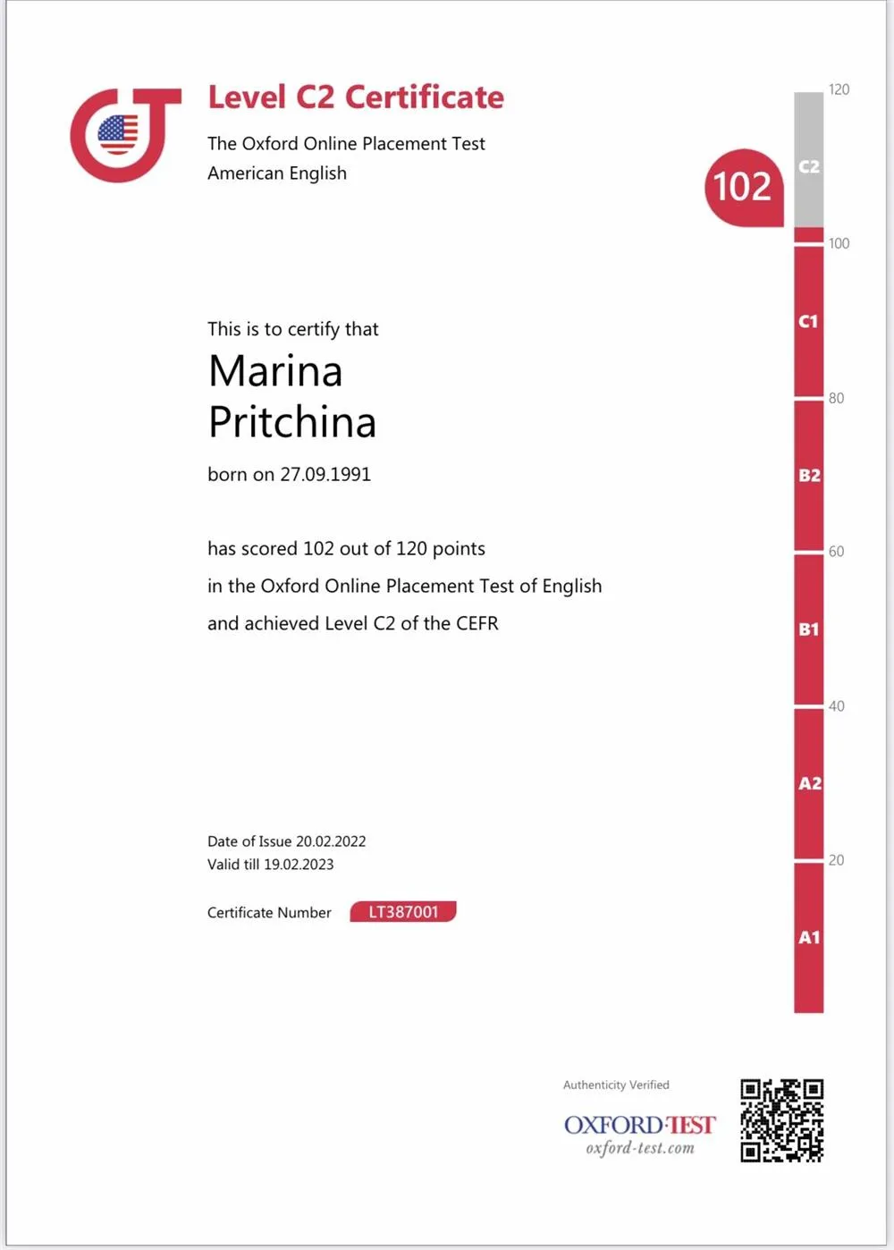 Level C2 Certificate (сертификат, подтверждающий уровень C2 по английскому языку, 2022 г.)