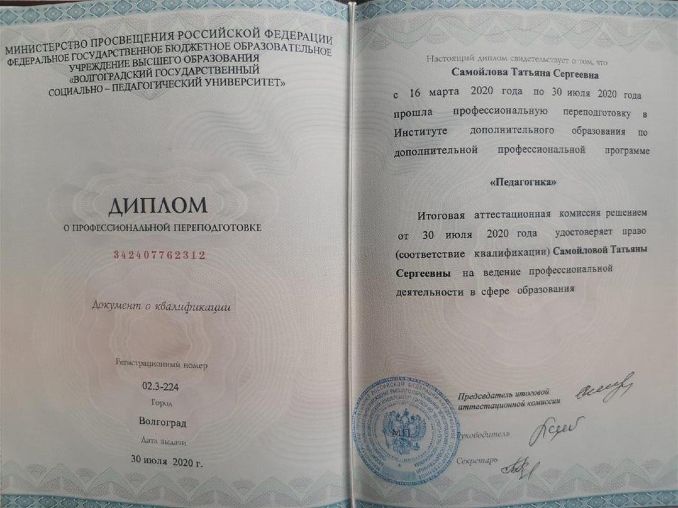 Диплом. Профессиональная переподготовка по направлению "Педагогика", 2020 
