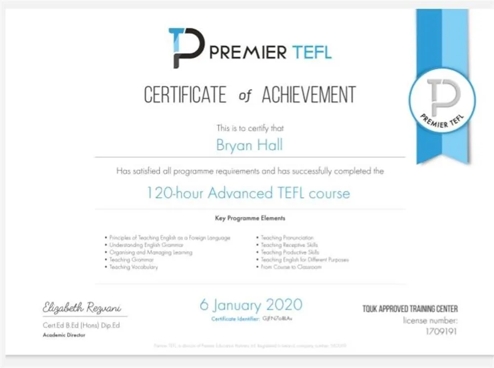 Premier TEFL Certificate of Achievement 
