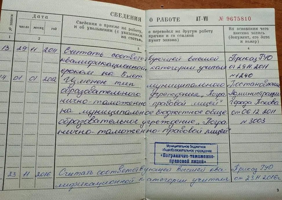 Разворот трудовой книжки