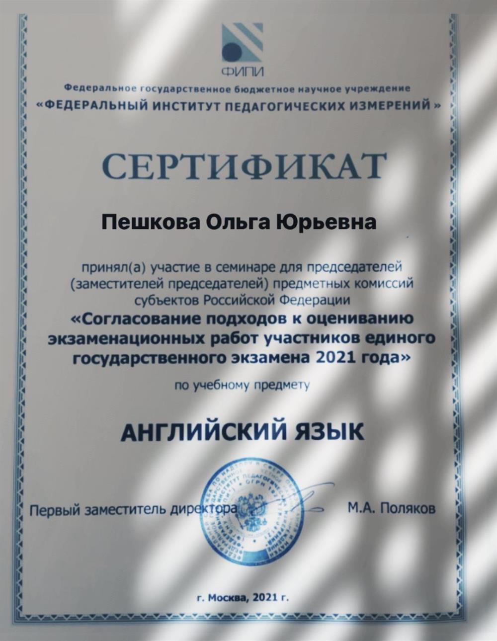 Сертификат эксперта ЕГЭ по проверке экзаменационных работ 