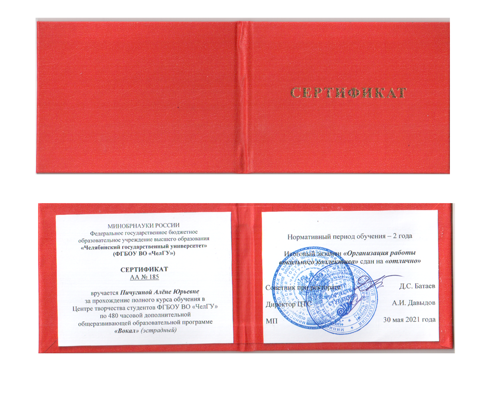 Сертификат (Организация работы вокального коллектива)