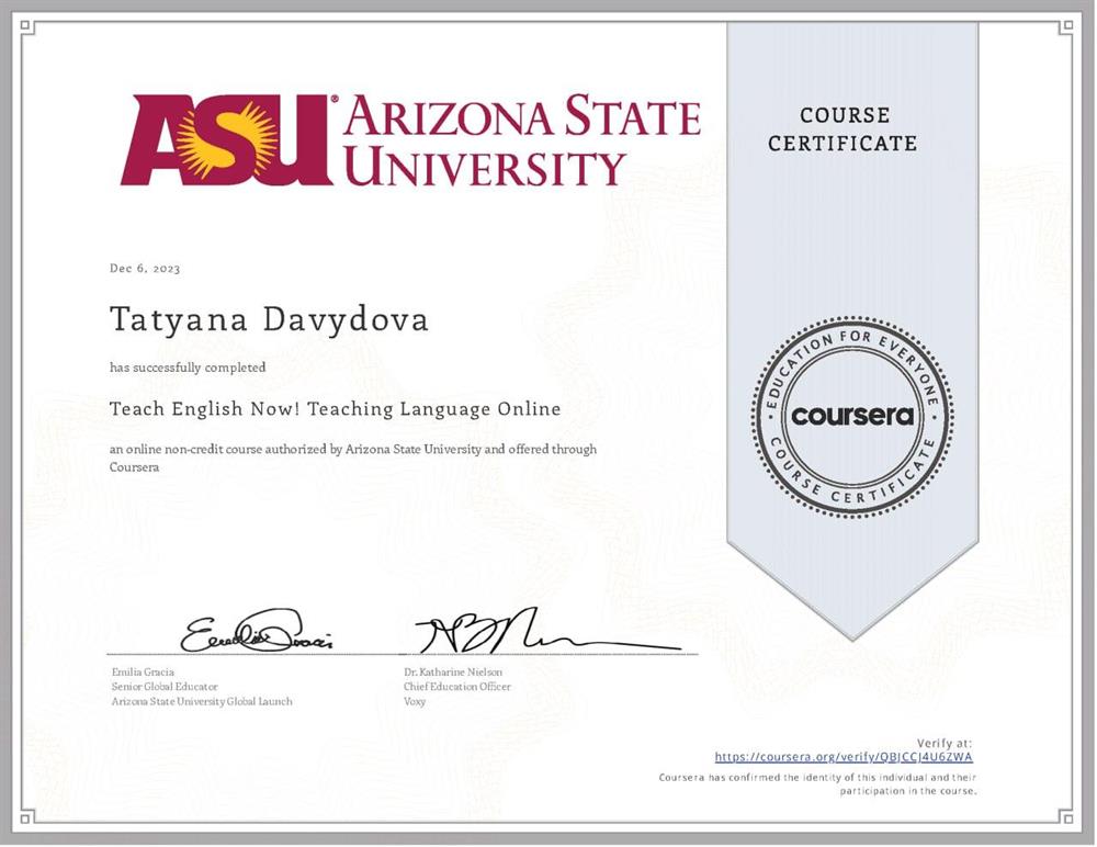 Сертификат. Arizona State University.  Teaching English Online