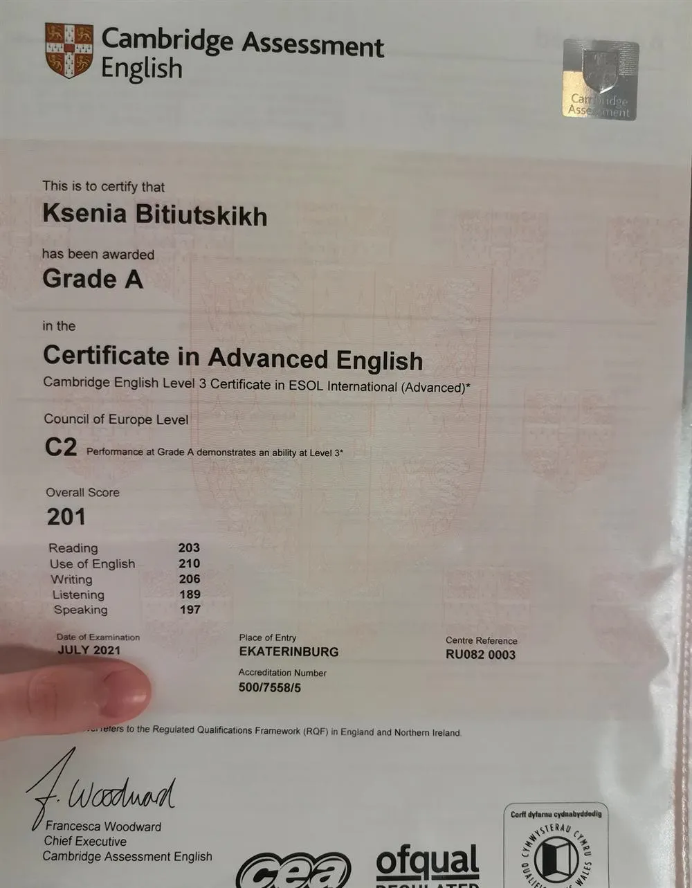 Certificate in Advanced English CAE (Grade A) 