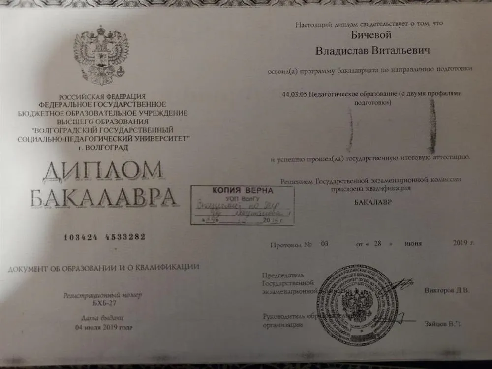 Диплом бакалавра педагогических наук, по профилю подготовки "биологи" и "химия"