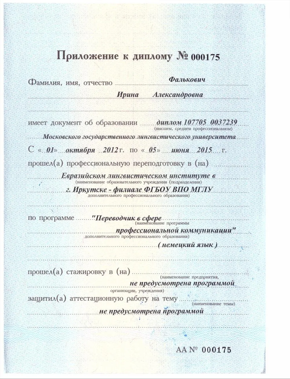 Диплом о профессиональной переподготовке приложение