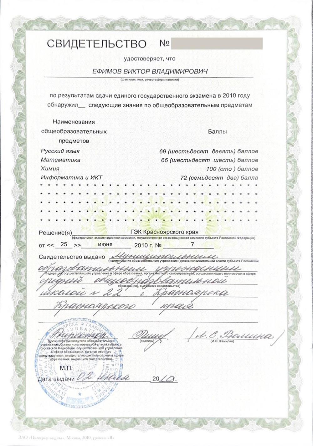Сертификат ЕГЭ 2010