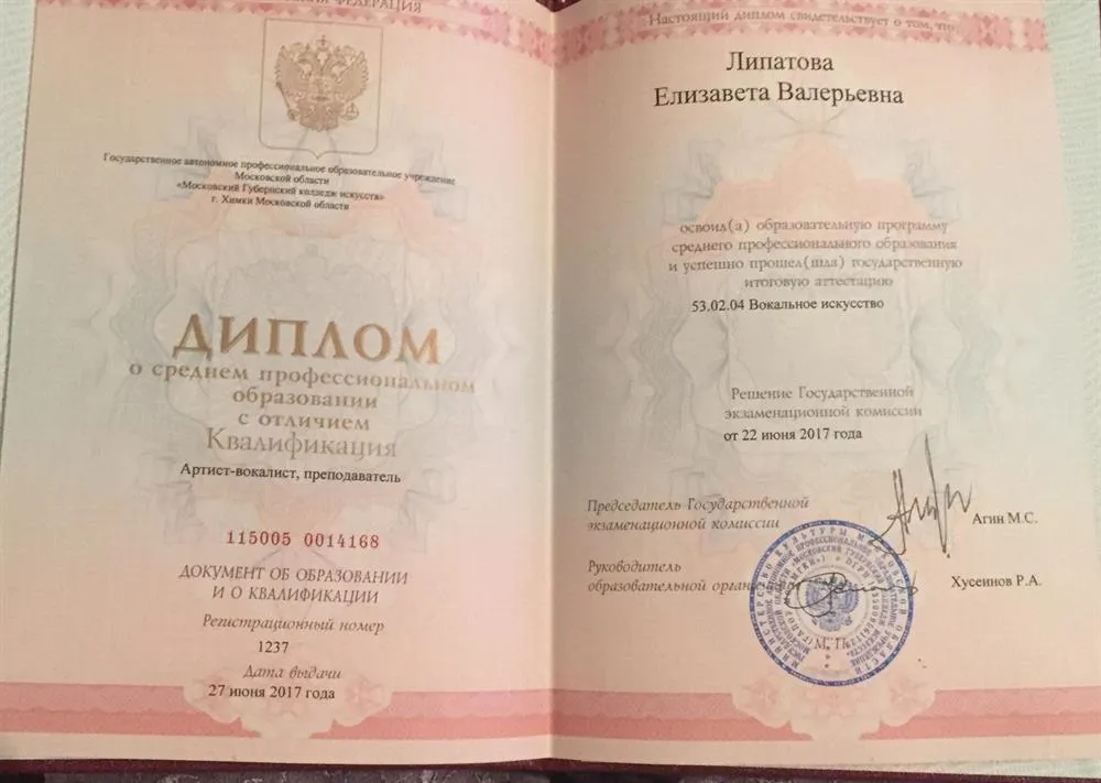 Диплом артис-вокалист ,преподаватель 