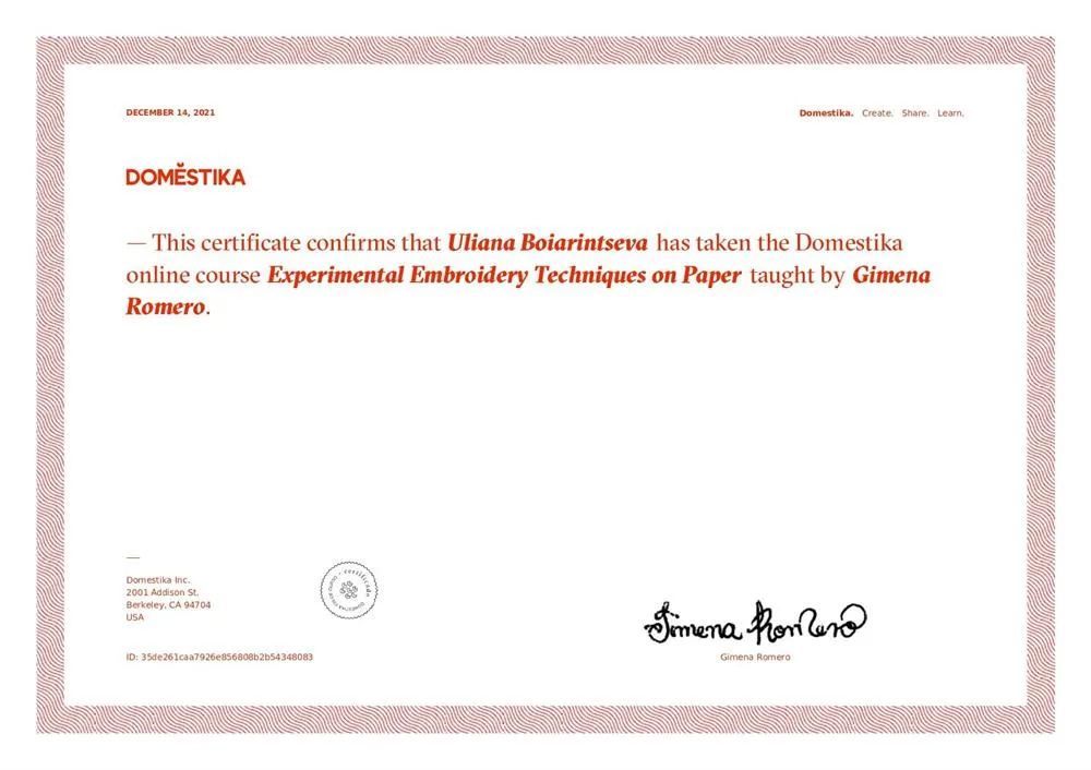 Experimental Embroidery Techniques on Paper Course Certificate