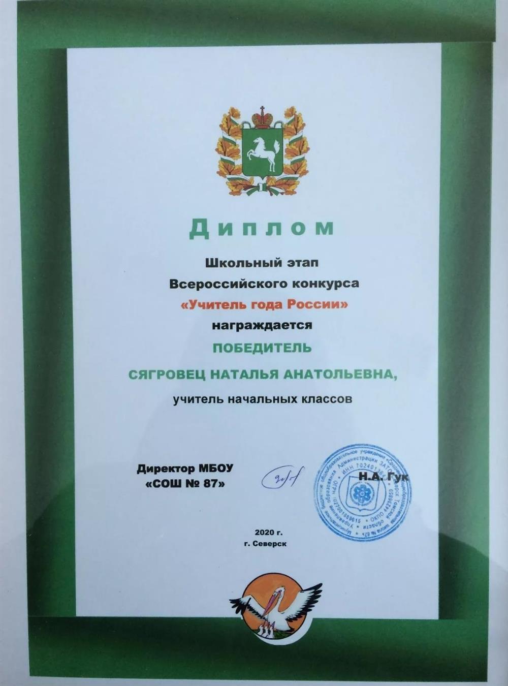 Победитель конкурса "Учитель года России" школьный этап