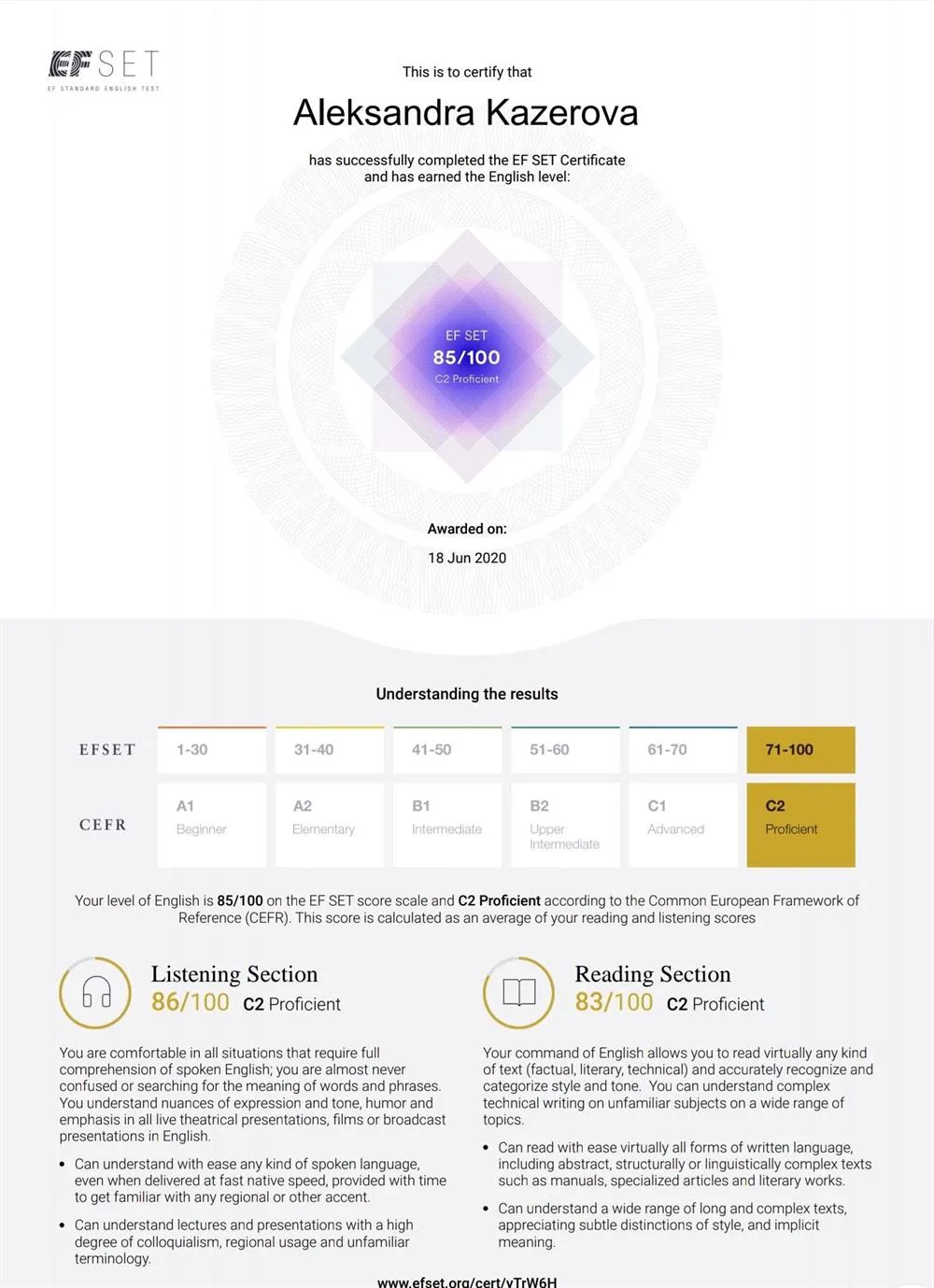 Сертификат EF Standard English Test