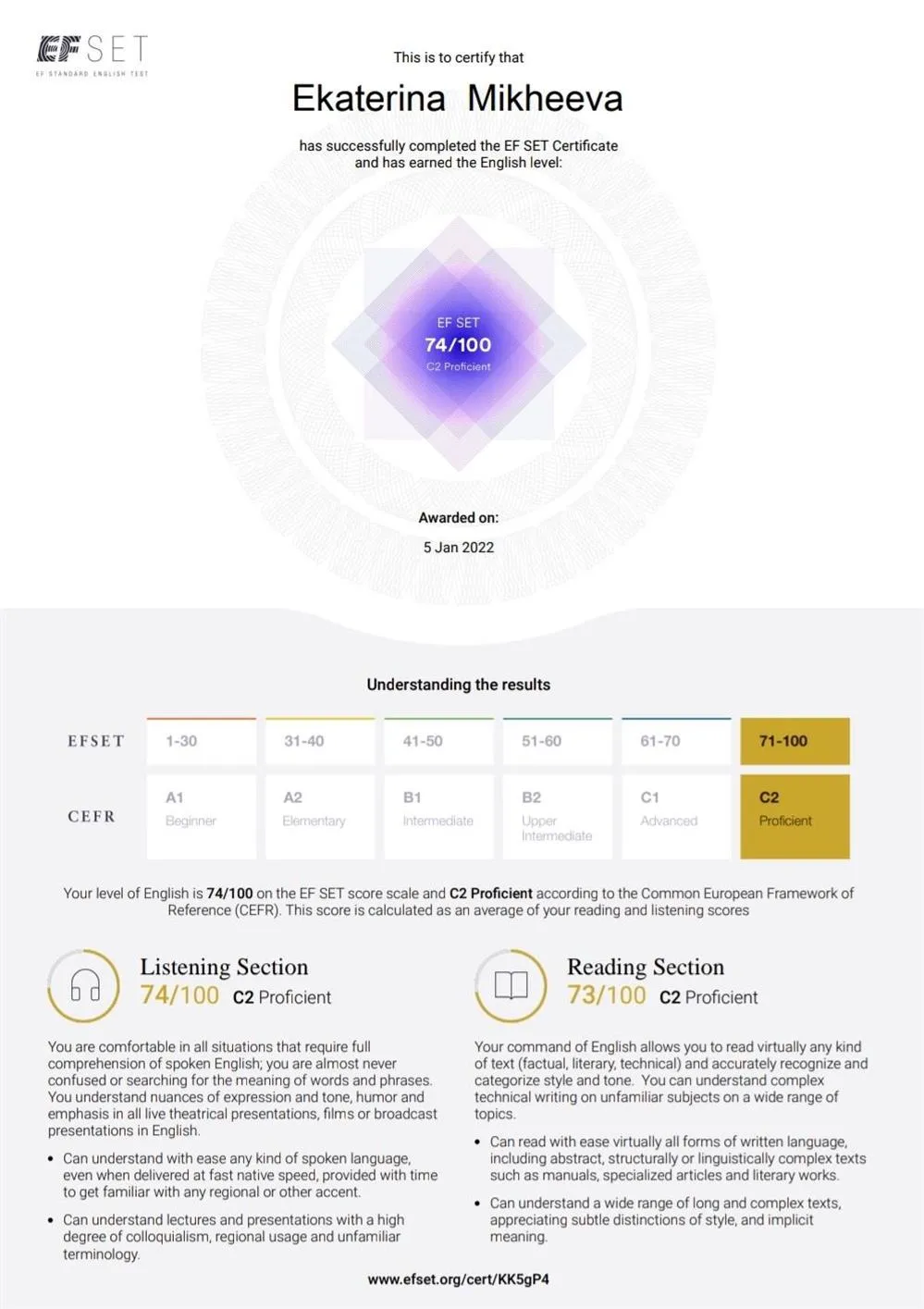 EF SET Certificate (С2 Proficient) 