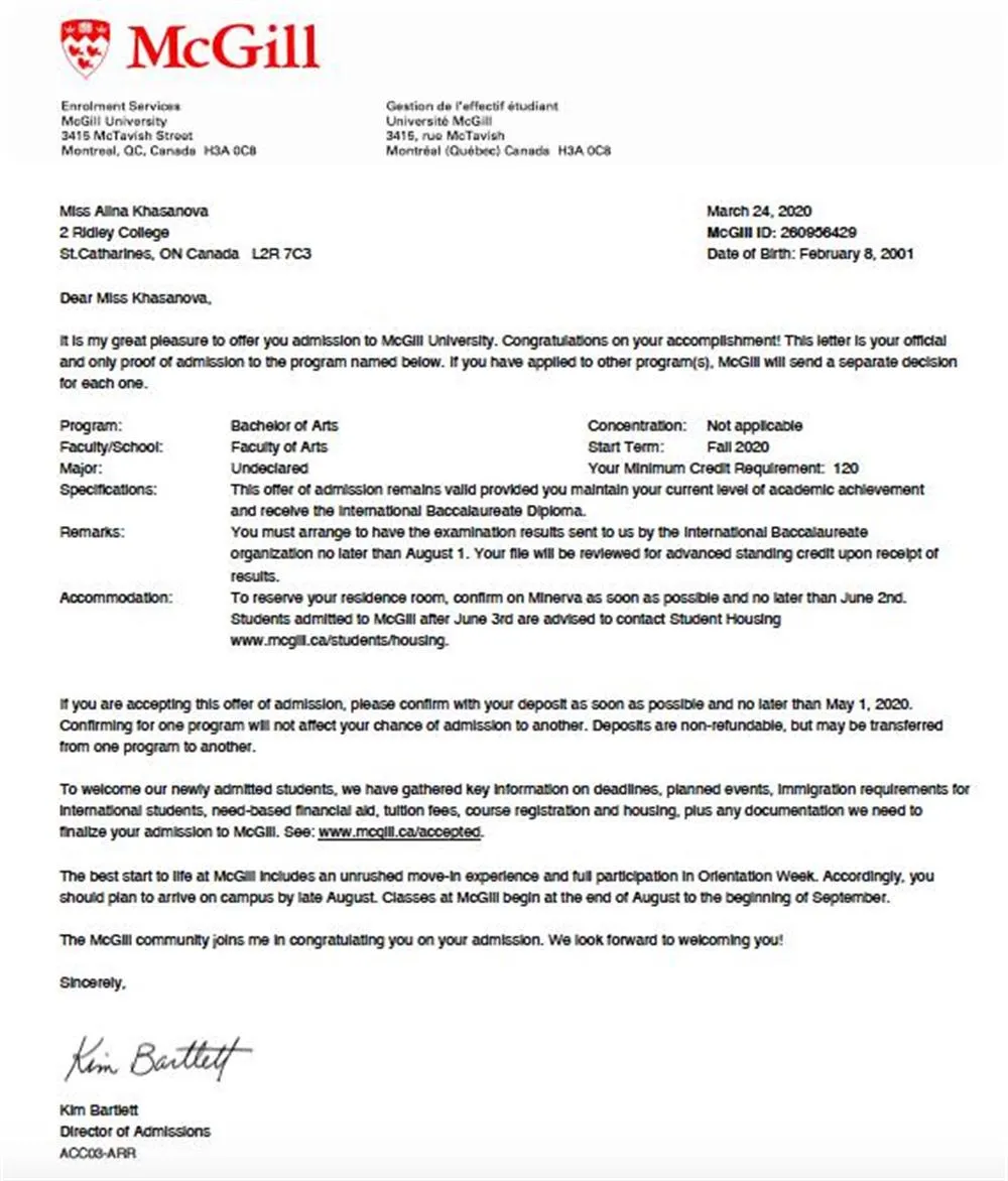 McGill university letter of acceptance 