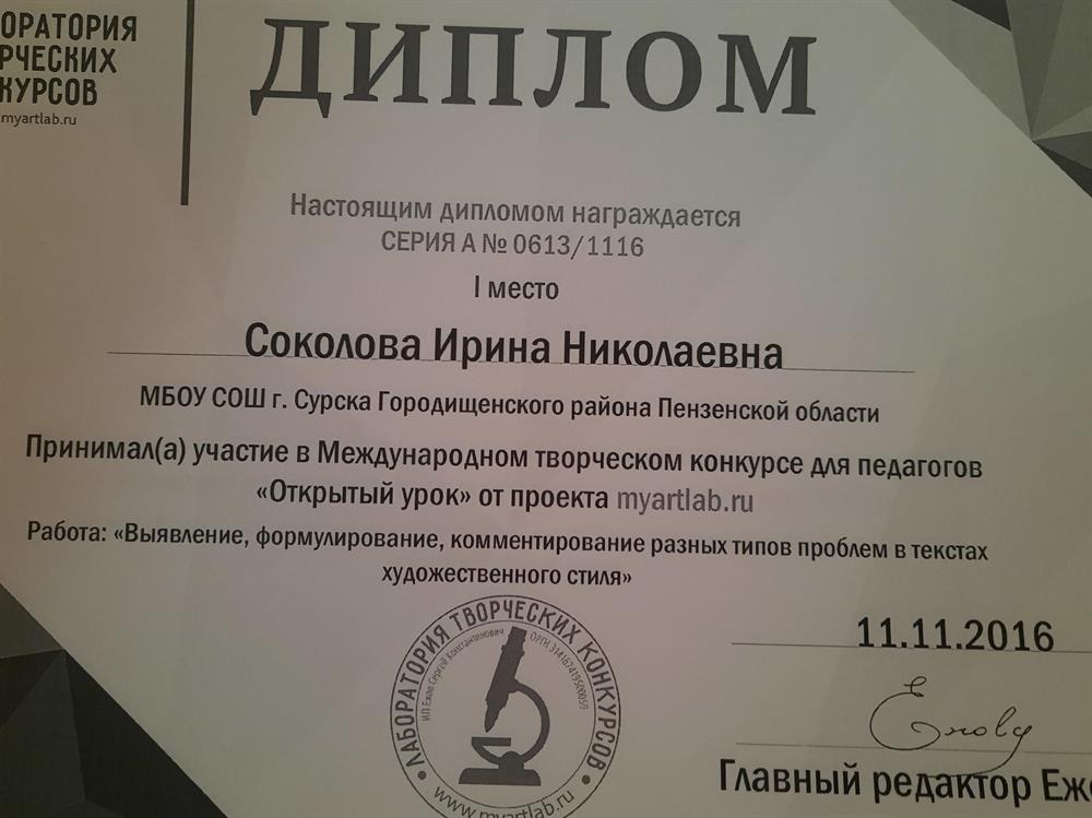 Диплом Международного творческого конкурса педагогов