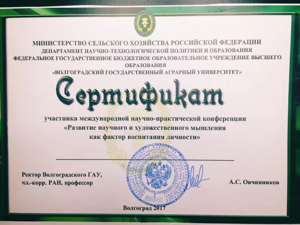 Сертификат участника международной научно-практической конференции