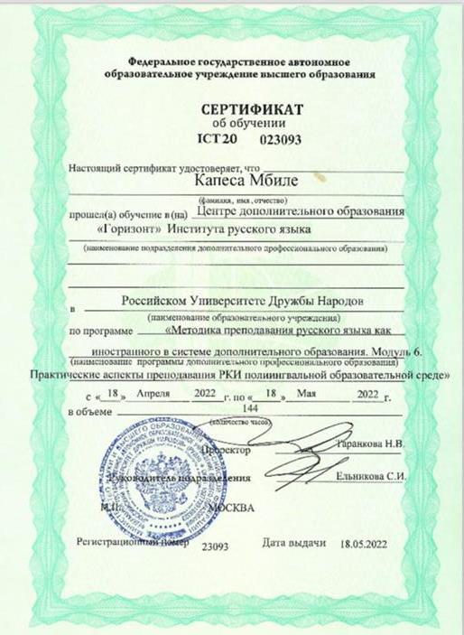 Сертификат по методике преподавателя русского языка как иностранный 