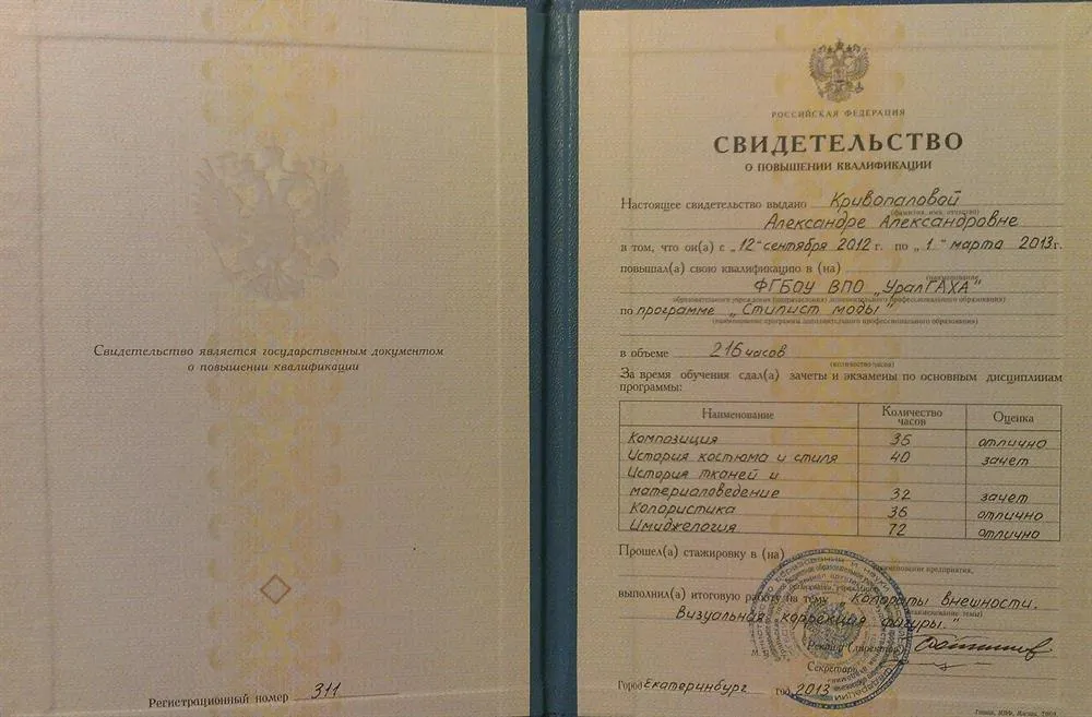 Свидетельство о получении квалификации Стилиста моды 