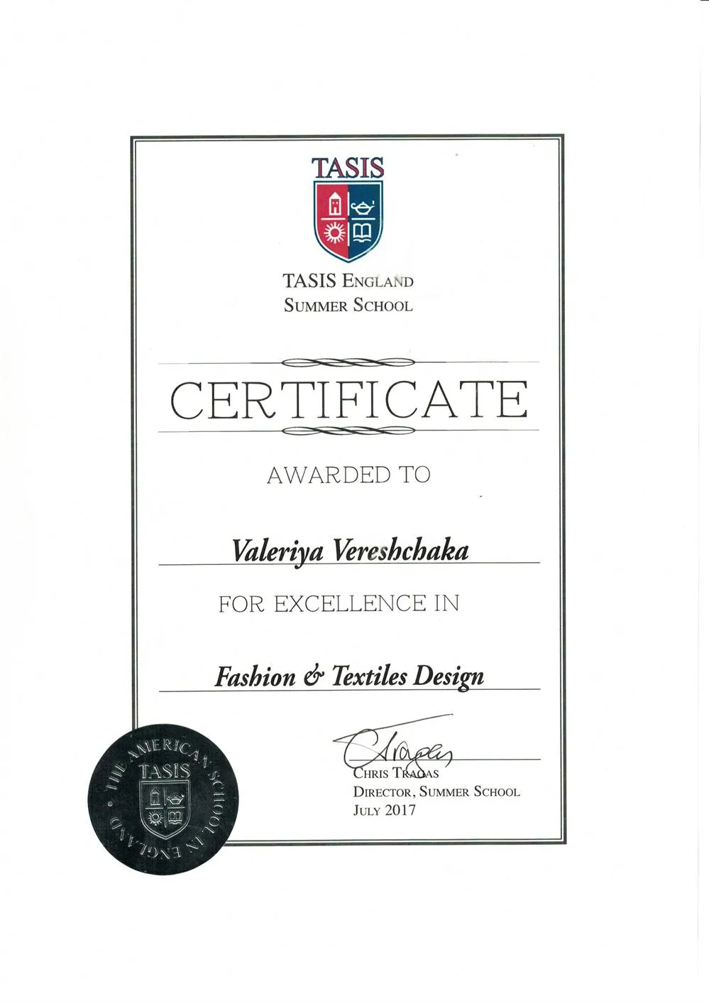 TASIS certificate 