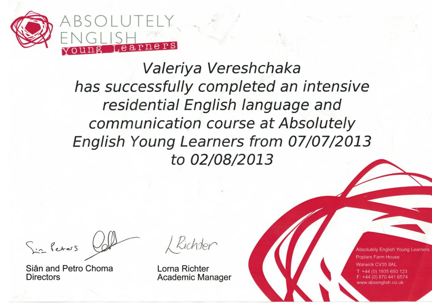 Absolutely english school certificate 
