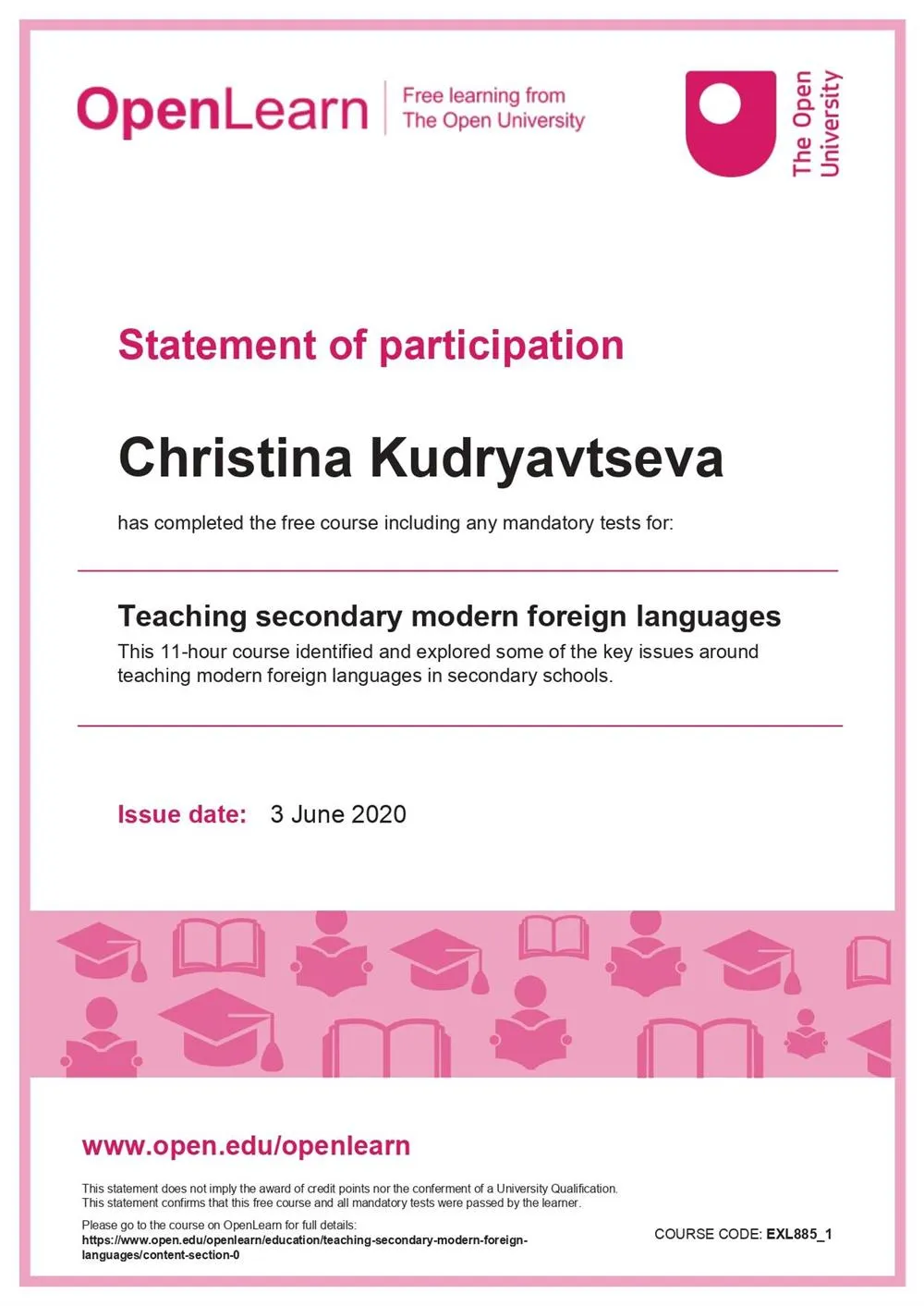 Сертификат the Open University "Teaching secondary foreign languages".