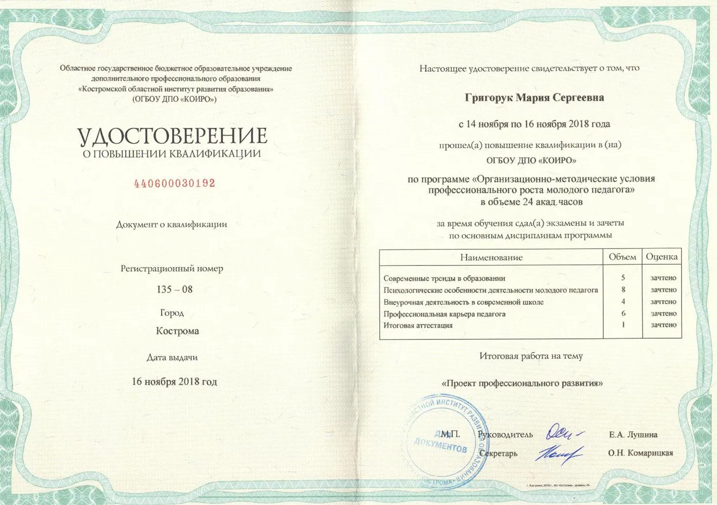 Удостоверение о повышении квалификации