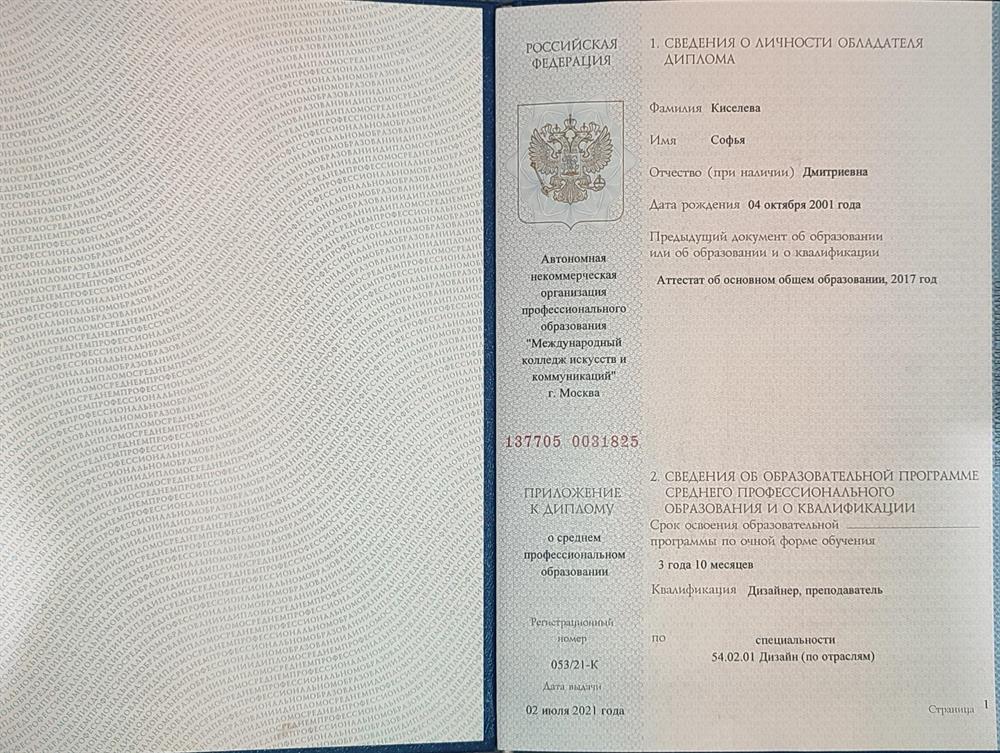 Диплом среднего профессионального образования "Дизайнер, преподаватель"