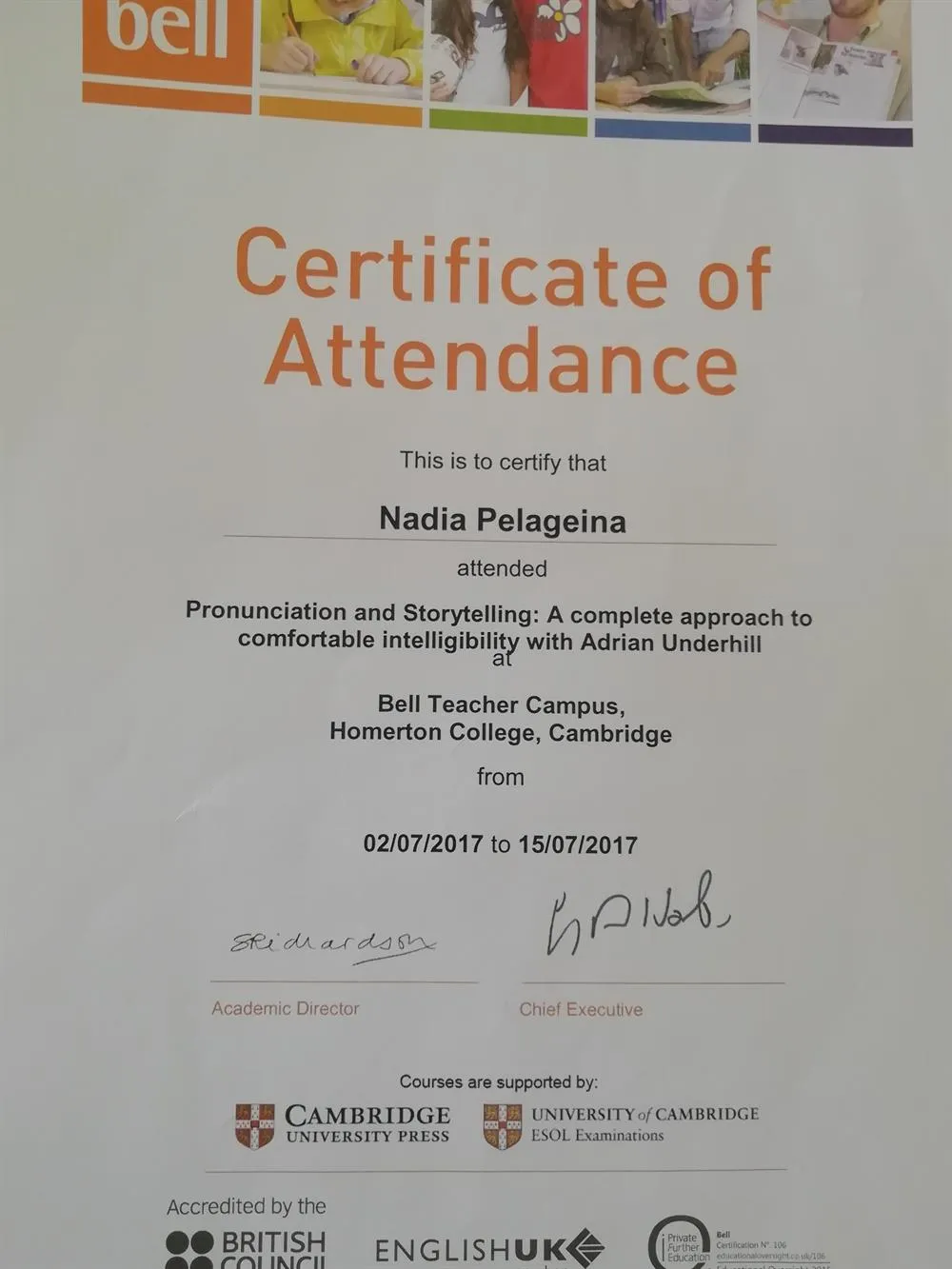 Сертификат Pronunciation and Storytelling with Adrian Underhill (Cambridge)